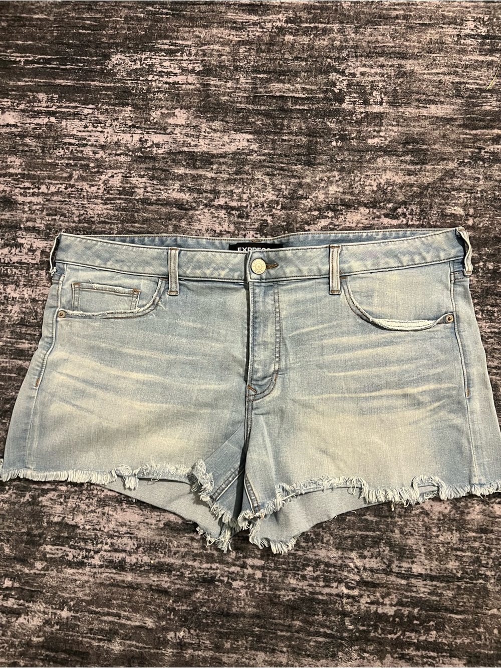 Express Light Wash Denim Cutoff Shorts - Frayed Hem